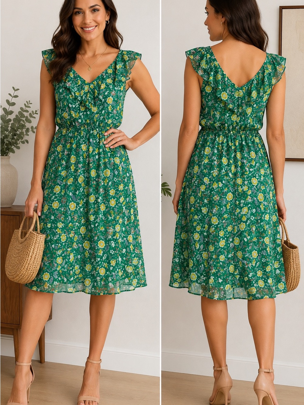 Sienna Sky Size L Dress Green Floral  Ruffle Dress Sleeveless Lined V Neck  VGC